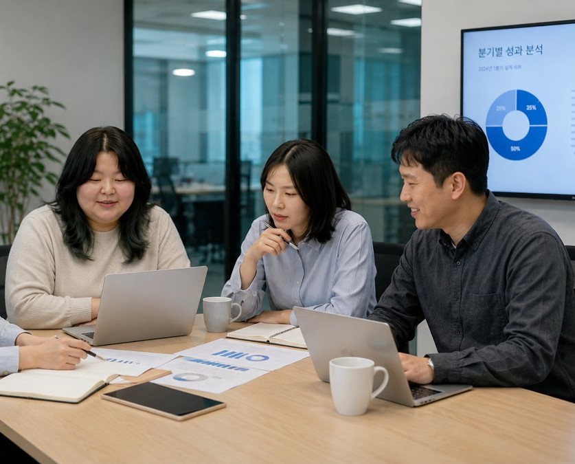 The Biondi International team reviewing quarterly results together